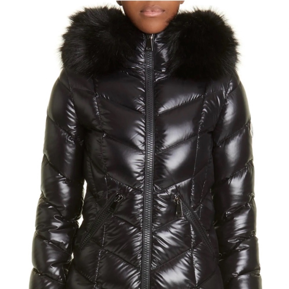 Moncler Glossy Black Puffer with Fur Trim